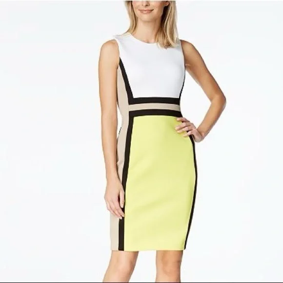 CALVIN KLEIN Scuba Colorblock Sleeveless Sheath Dress Tan Baby Blue Black Size 8 - Picture 11 of 11